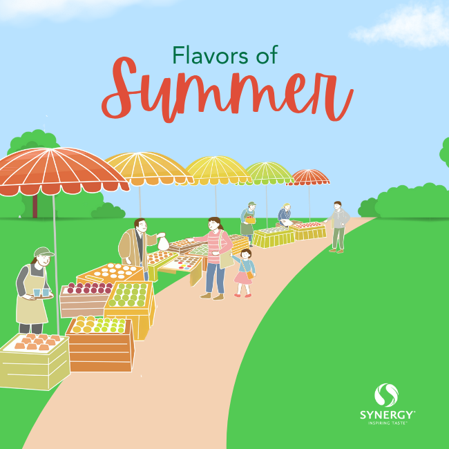 Colorful summer market featuring bold seasonal flavors like fresh fruit, smoky BBQ, and vibrant botanicals