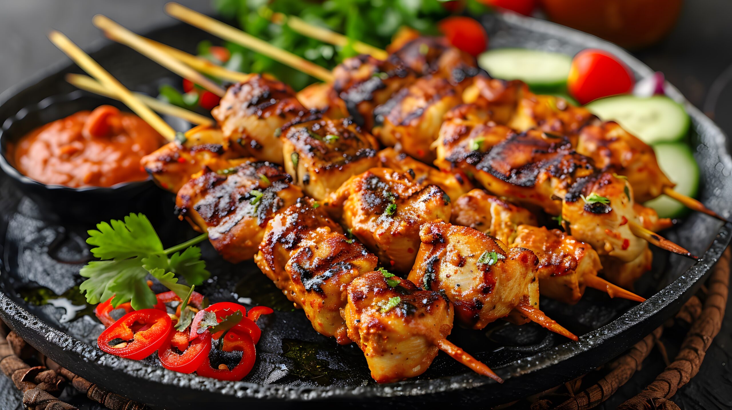 Close-up,Of,Succulent,Grilled,Chicken,Satay,Skewers,,Perfectly,Charred,And
