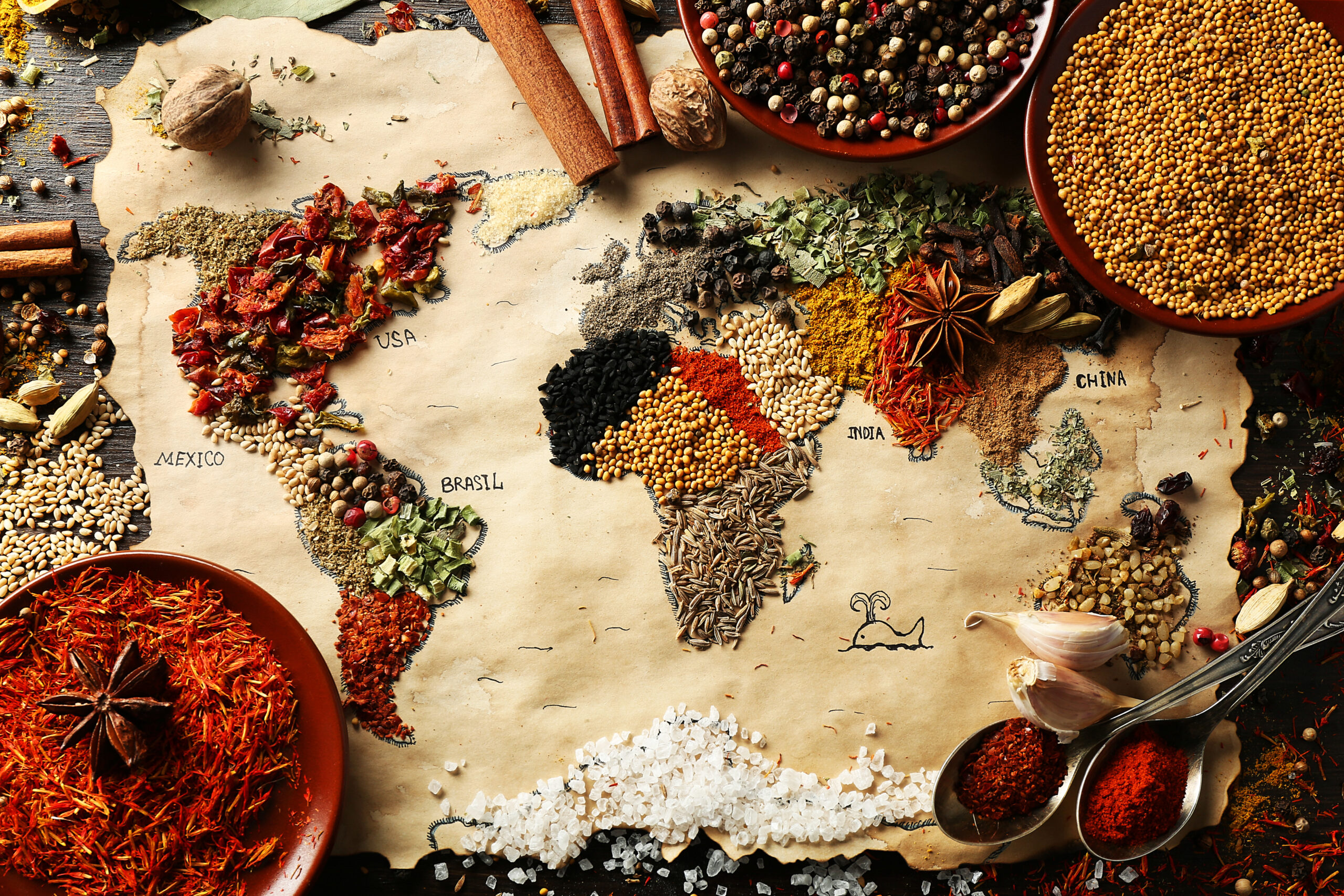 Map,Of,World,Made,From,Different,Kinds,Of,Spices,On